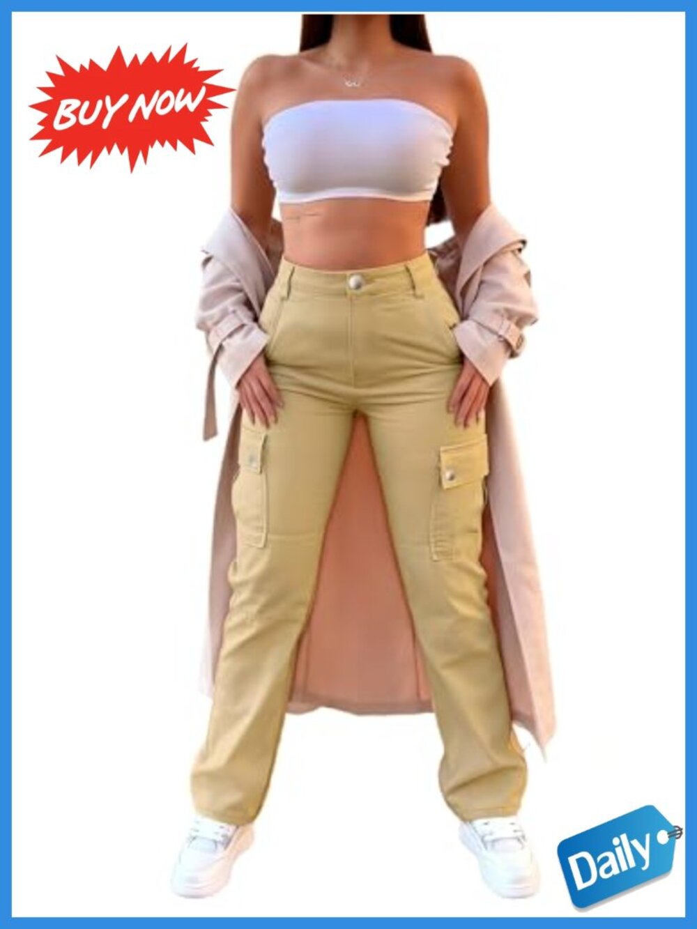 High Waisted Baggy Cargo Pants Viscose Blend Straight Leg Multi-Pocket Casual